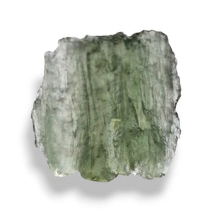 Raw moldavite side profile, unpolished green tektite with ridges