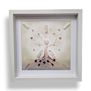 Tree of Life wall art featuring a heart and various stones, beautifully framed.