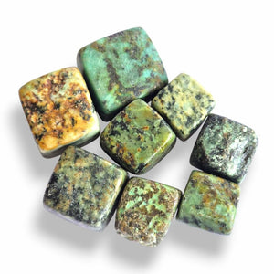 African Turquoise polished cubes, natural green jasper with black and brown matrix