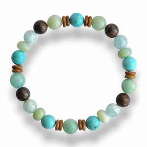 Handmade beachy surfer stone bracelet with wood slice spacers on stretch cord, 8mm