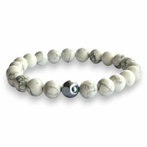 White Howlite beaded bracelet with cubic Hematite accent bead, 7mm natural stone