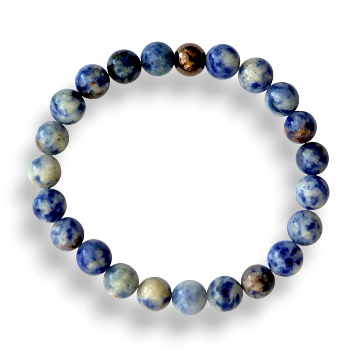 Brazilian sodalite beaded bracelet, royal blue and white 8mm beads on a stretch cord, 7.5 inch, view 2