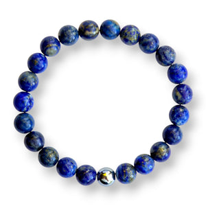 Lapis Lazuli beaded bracelet with deep blue 8mm beads flecked with gold and one silver hematite accent bead