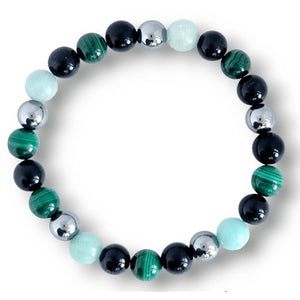 Malachite and black stone bracelet featuring shiny silver accents and a mix of green hues.