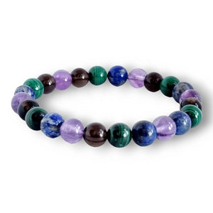 Colorful gemstone bracelet featuring purple, green, and blue beads.
