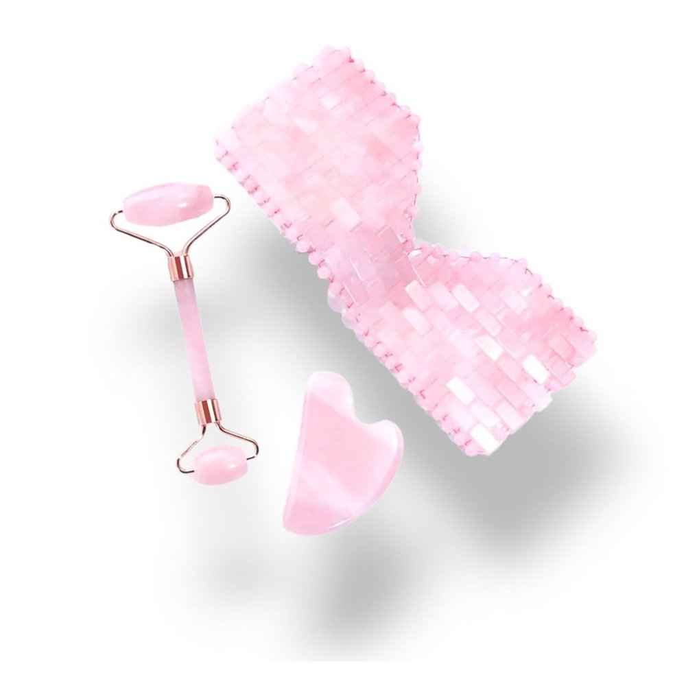 Rose quartz skincare set, roller and eye mask, view 2