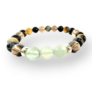 Gemstone bracelet featuring green and black beads with metallic accents.