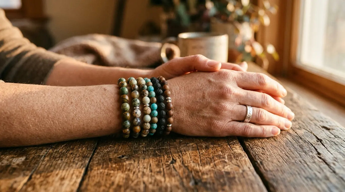 A close-up of a person's hands resting on a rustic wooden table, wearing a stack of beaded bracelets. The bracelets feature earthy brown, green, and turquoise beads, with a silver ring on the person's finger.