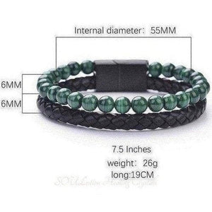 Green bead bracelet with black leather accents, 7.5 inches long and 26g weight.