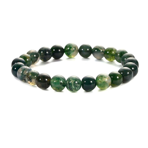 Moss agate beaded bracelet with green moss-like inclusions in natural stone