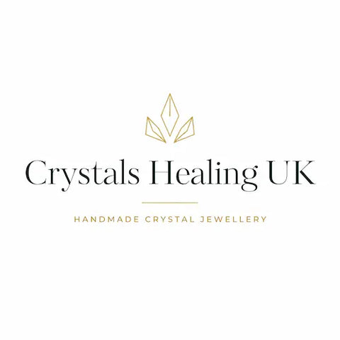 The logo for Crystals Healing UK, featuring a gold geometric crystal graphic above the text 'Crystals Healing UK' in black and 'HANDMADE CRYSTAL JEWELLERY' in gold, set against a solid white background.