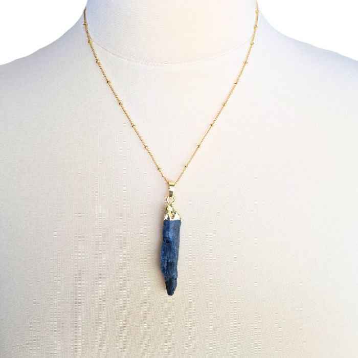 Raw blue kyanite pendant necklace, gold-plated chain, view 2