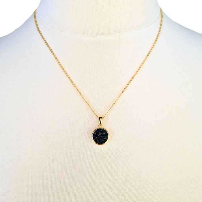 Black druzy agate pendant necklace, gold-plated chain, view 2