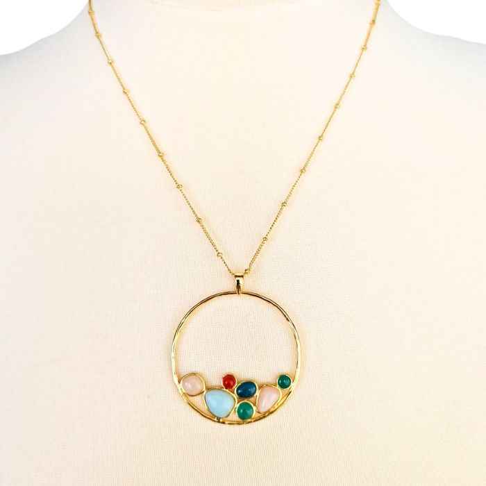Rainbow 7-stone pendant necklace, gold-plated brass, view 2