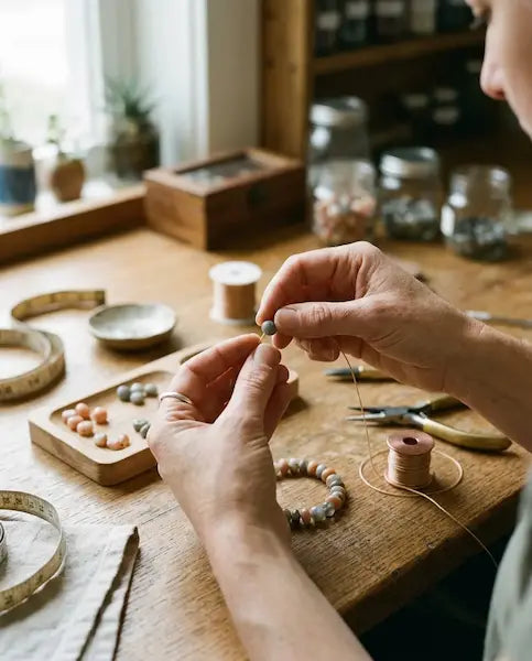 Close-up of a person's hands crafting a beaded bracelet on a wooden table, surrounded by spools of thread, beads, and jewelry-making tools in a warm, sunlit workshop.