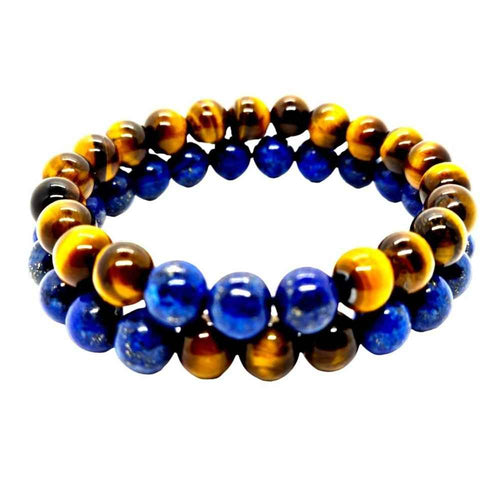 Tiger's Eye and Lapis Lazuli beaded bracelet, golden and blue 8mm natural stones