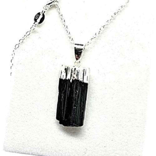 Raw black tourmaline pendant necklace on a sterling silver chain