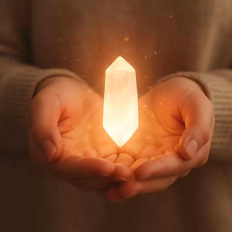 Crystal healing wand held in hands, glowing softly with warm light.