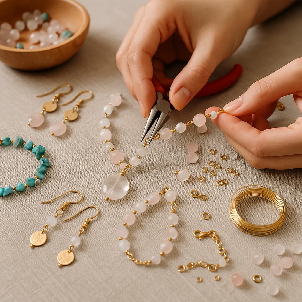 Jewelry making tools and materials for crafting rose quartz necklaces and earrings.