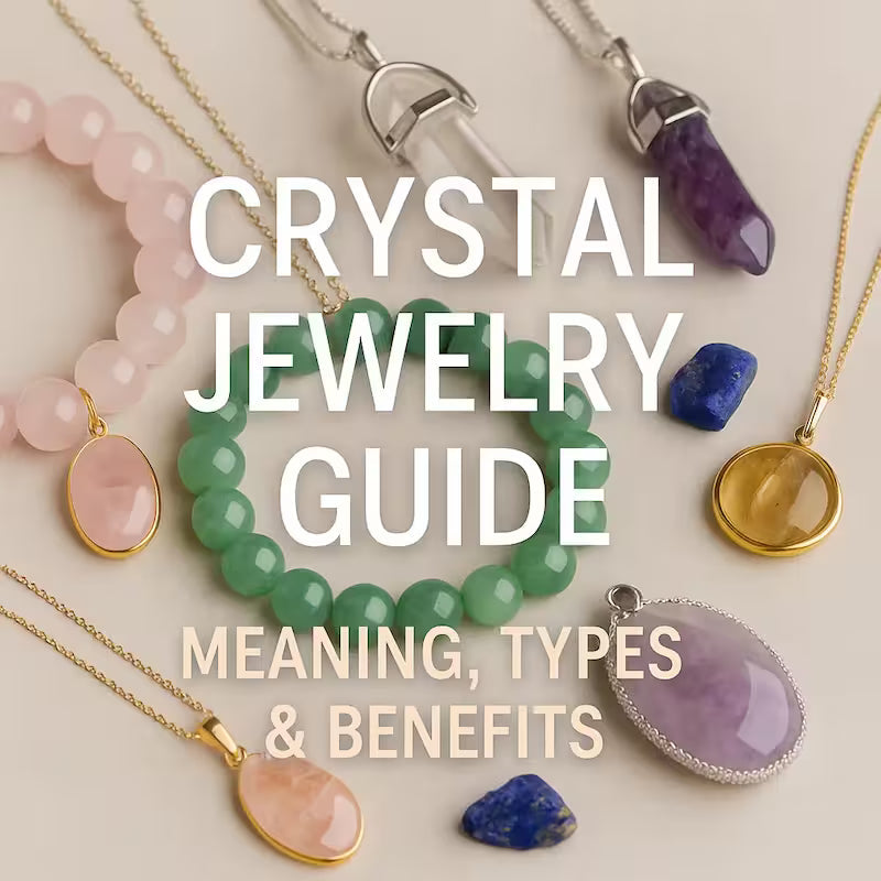 Crystal jewellery guide featuring various types of necklaces and bracelets with colorful gemstones.