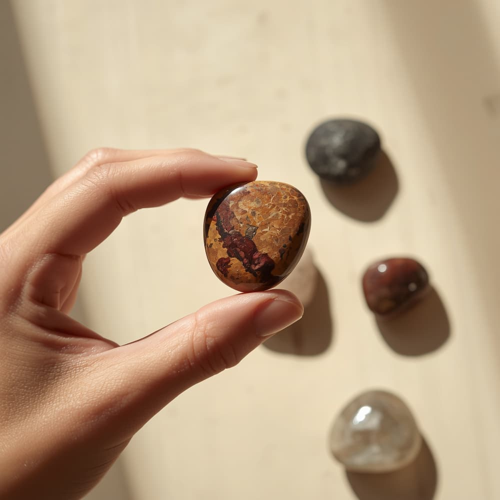 Hand holding a tumbled crystal up to the light to check authenticity