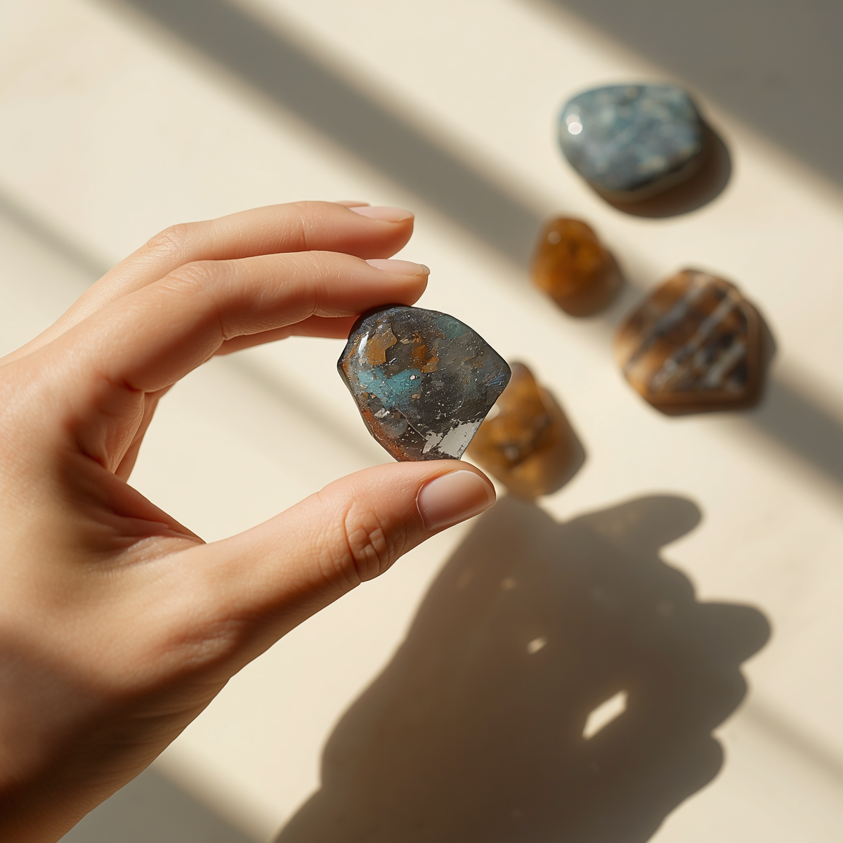 Hand holding a tumbled crystal up to the light to check authenticity