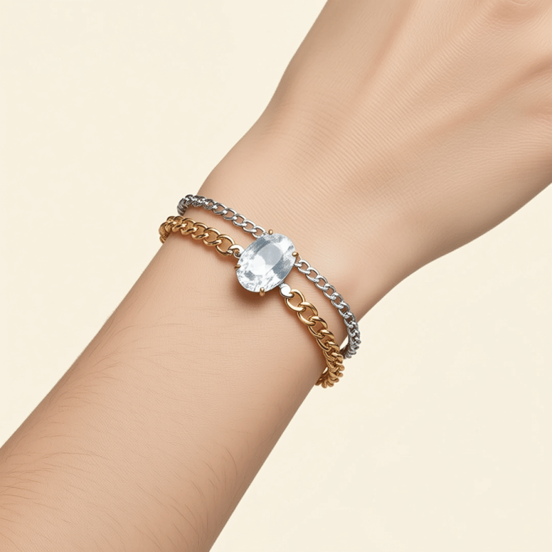 Mixing silver and gold gemstone bracelets with a neutral stone bridge piece.