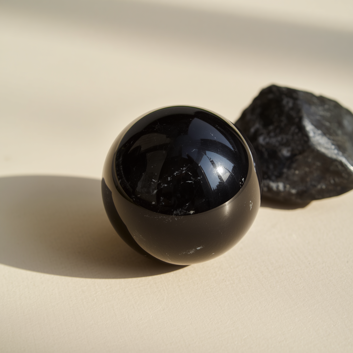 Polished black obsidian stone with glossy mirror-like surface