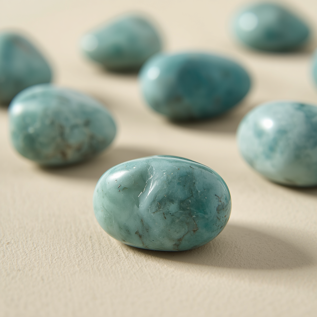 Polished blue-green amazonite stones with natural white veining