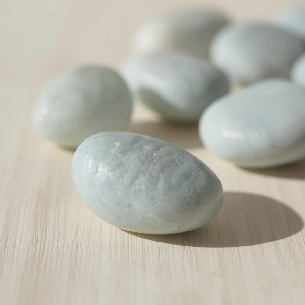Polished pale blue angelite stones with soft white veining