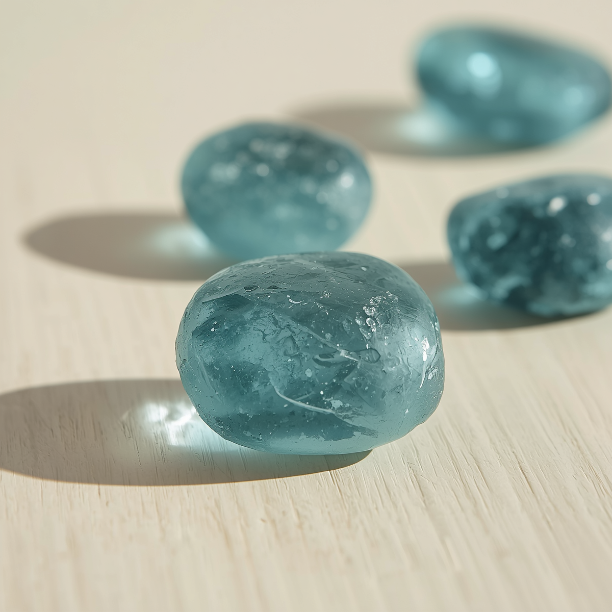 Polished pale blue aquamarine stone with clear sea-blue colour