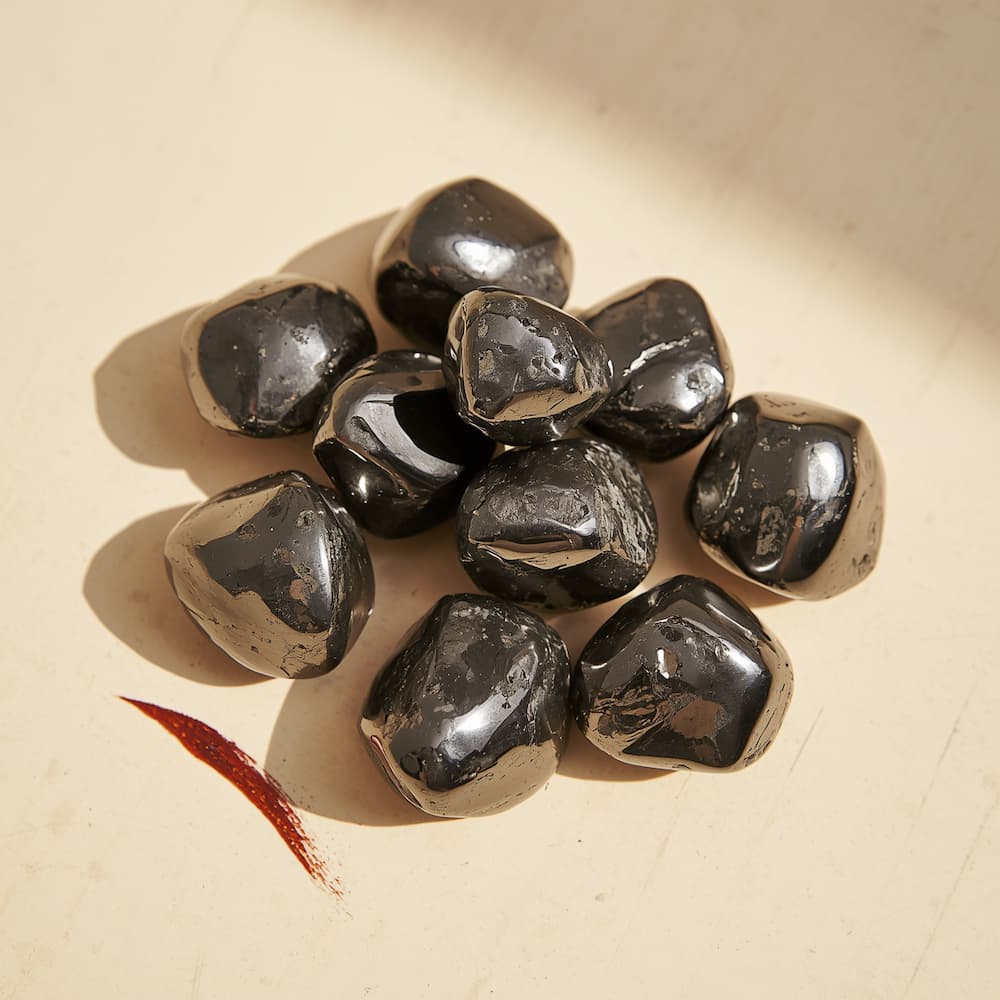 Polished hematite tumbled stones with a bright metallic silver-grey shine