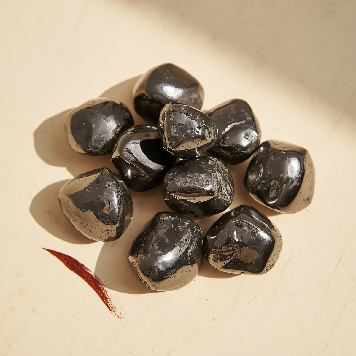 Polished hematite tumbled stones with a bright metallic silver-grey shine