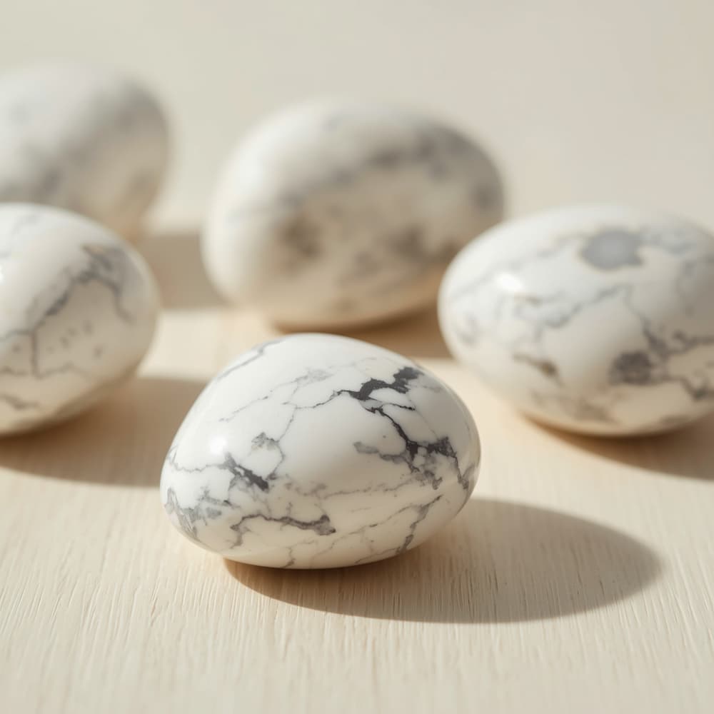 Natural white howlite tumbled stones with grey marble-like veining
