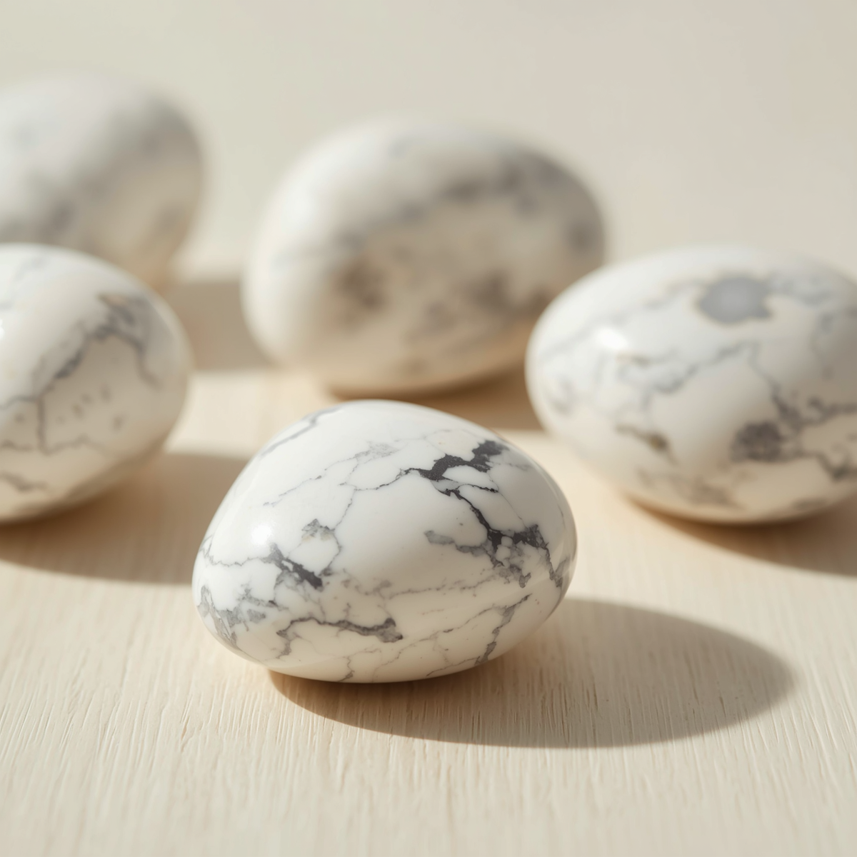 Natural white howlite tumbled stones with grey marble-like veining
