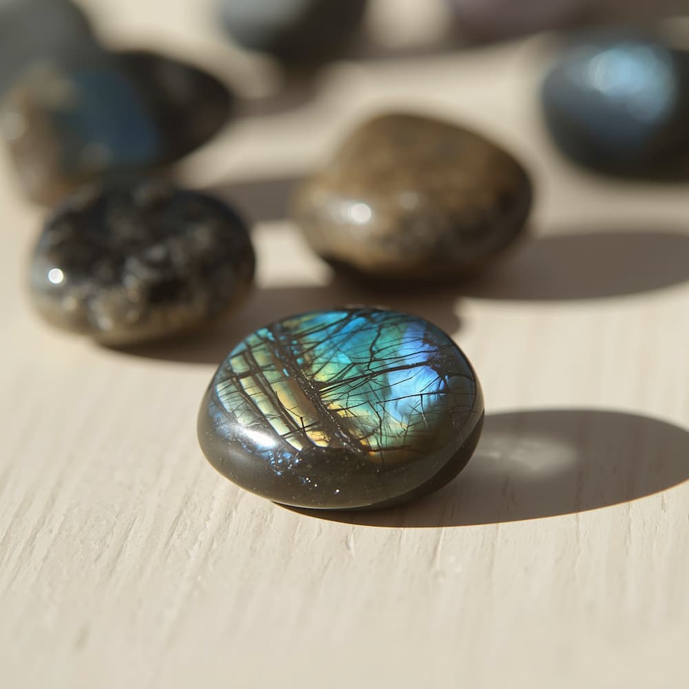 Polished labradorite showing a bright blue and green colour flash