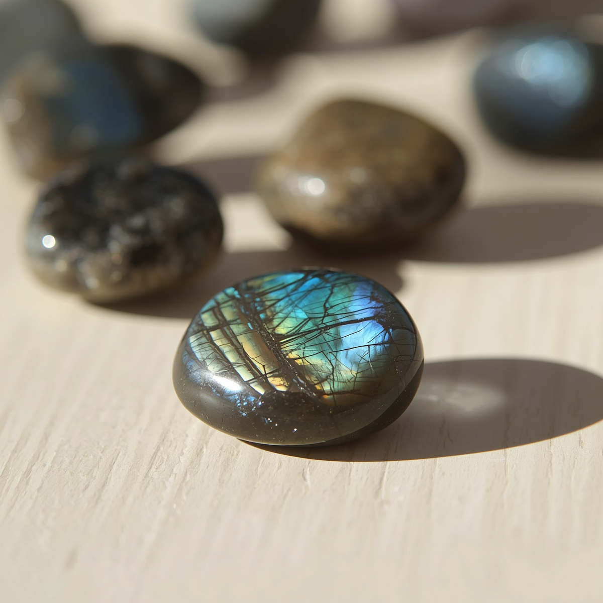 Polished labradorite showing a bright blue and green colour flash