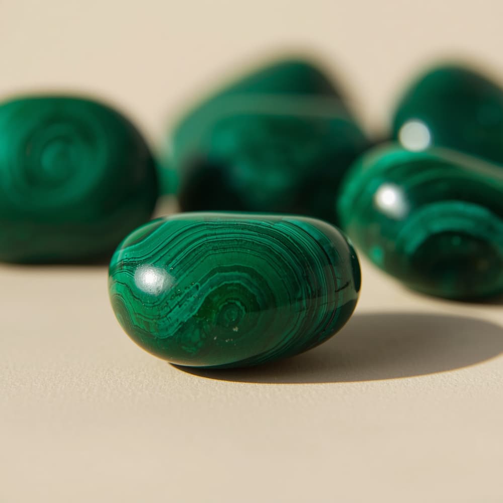 Polished malachite stone with concentric green banded patterns