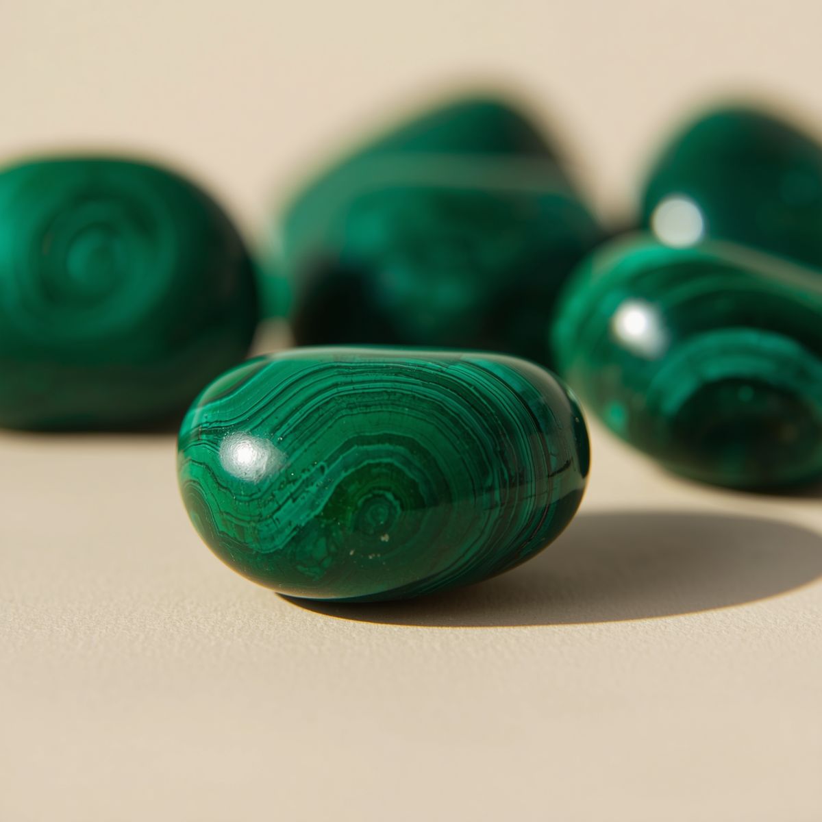 Polished malachite stone with concentric green banded patterns
