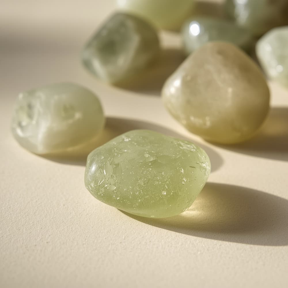 Polished translucent apple-green prehnite with fine dark epidote needles
