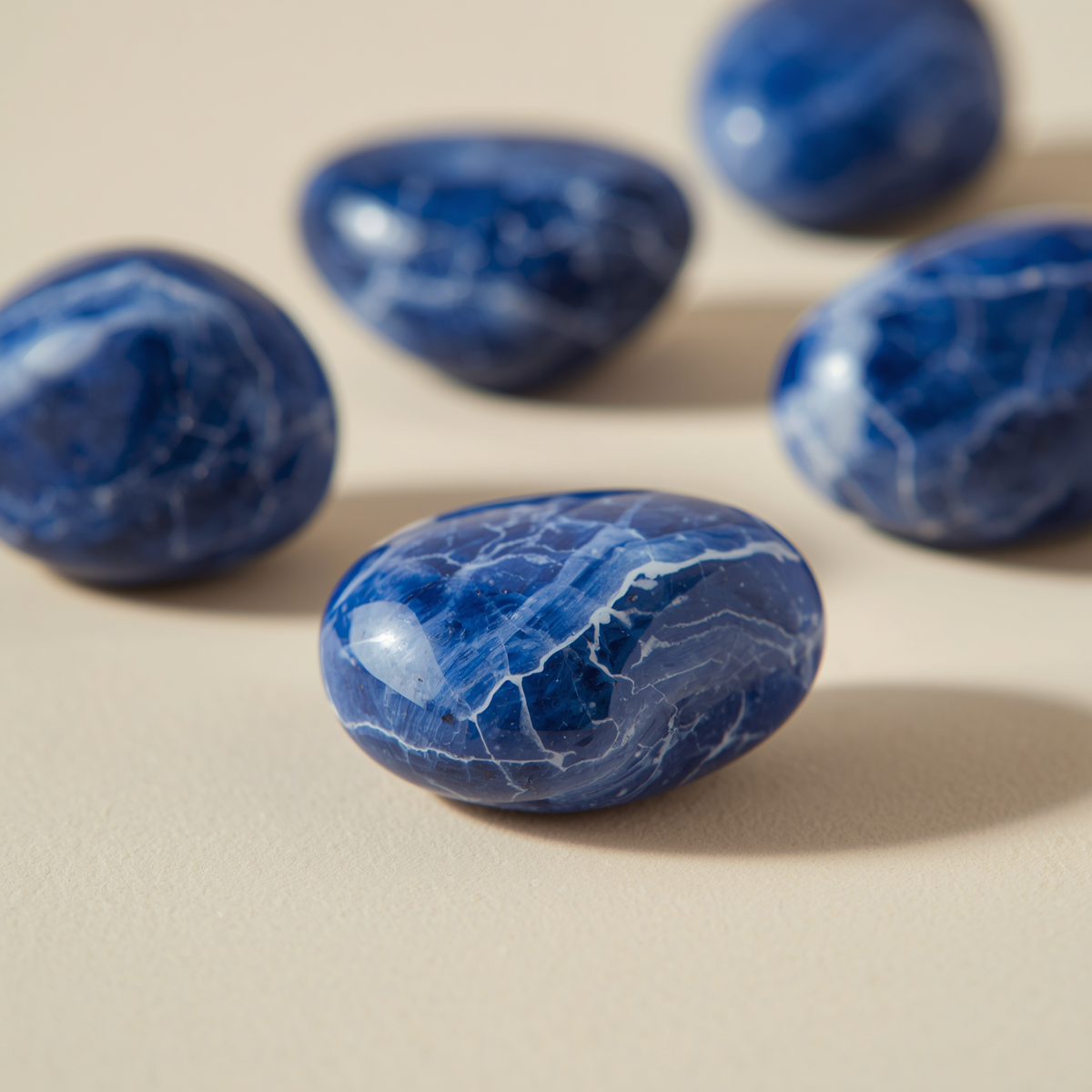 Polished royal-blue sodalite tumbled stones with white veining