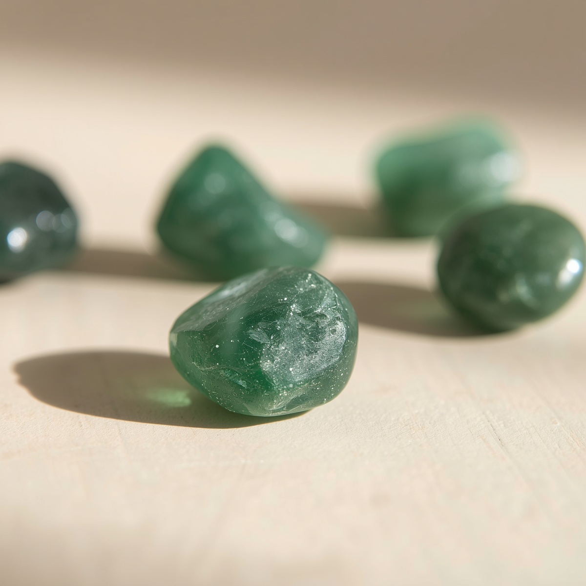Polished green aventurine tumbled stones showing soft natural shimmer