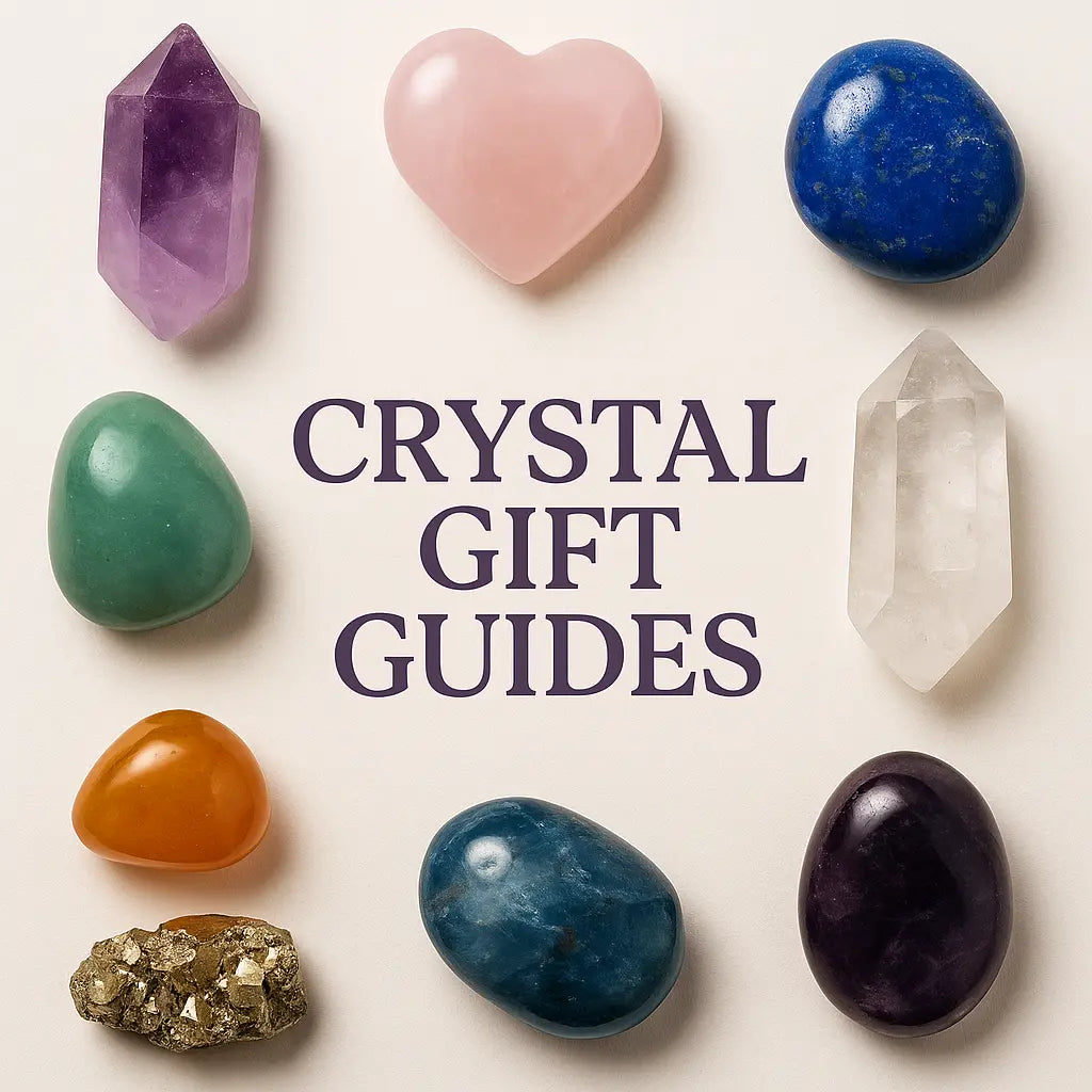 Crystal gift guides featuring various gemstones including amethyst, rose quartz, and lapis lazuli.