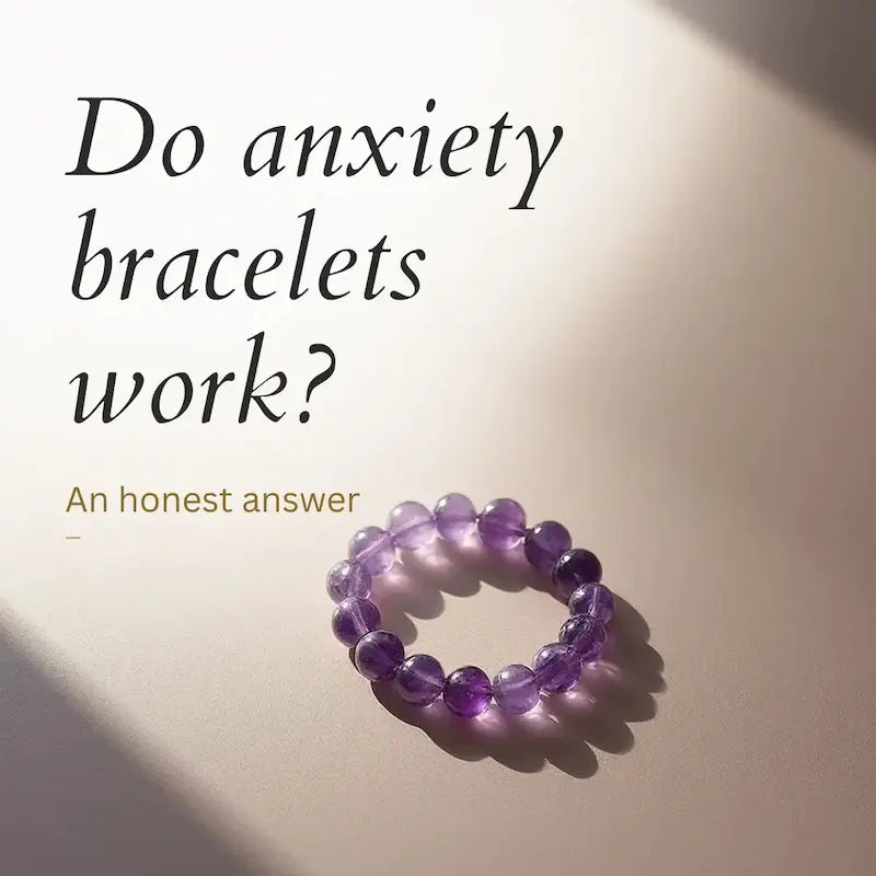 Amethyst beaded bracelet on a plain background, illustrating an honest guide to whether anxiety bracelets work