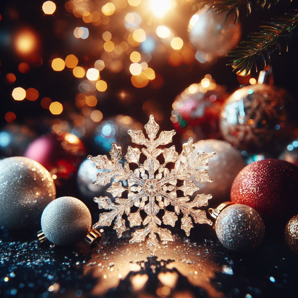 Christmas snowflake ornament surrounded by colorful baubles and festive lights.