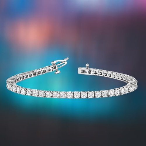 Silver diamond tennis bracelet featuring sparkling stones and a secure clasp.