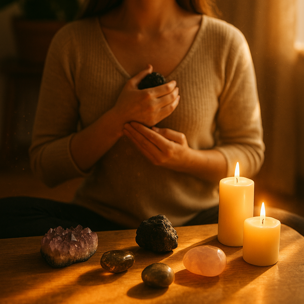 Empath woman meditating with protective crystals on table, warm light