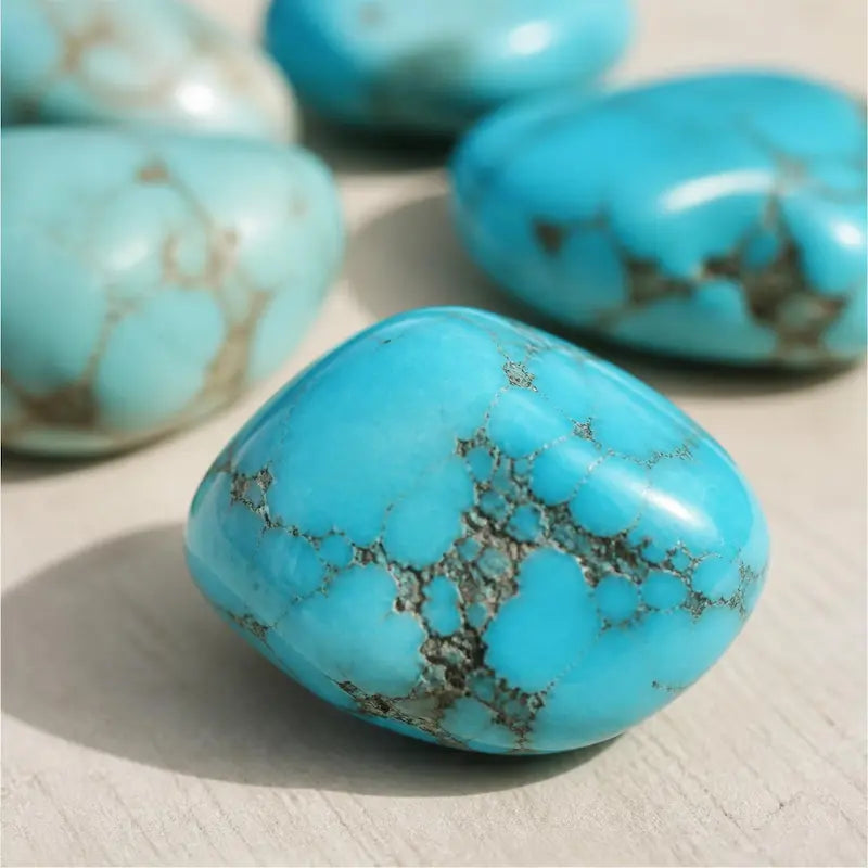 Natural turquoise with brown matrix veining next to dyed howlite with even blue colour