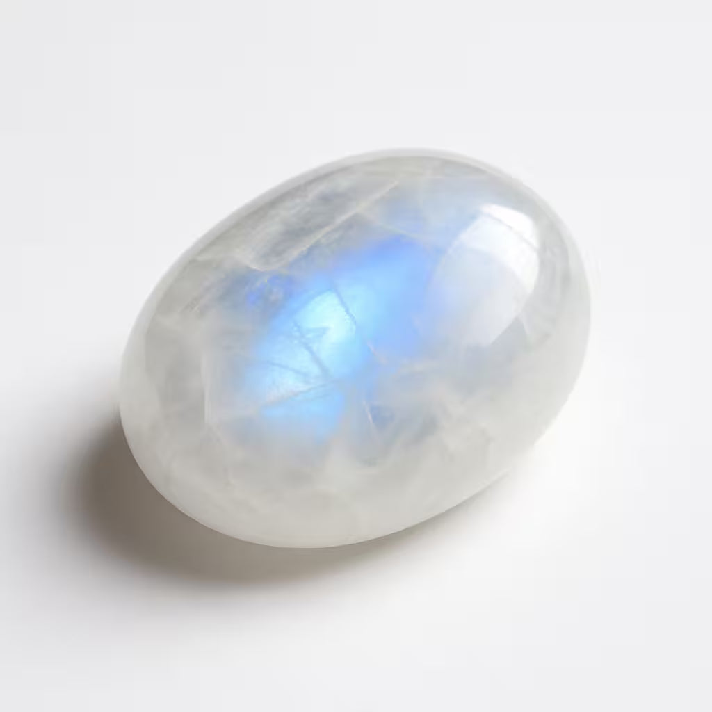 Moonstone egg with a blue sheen, showcasing its smooth surface and natural beauty.