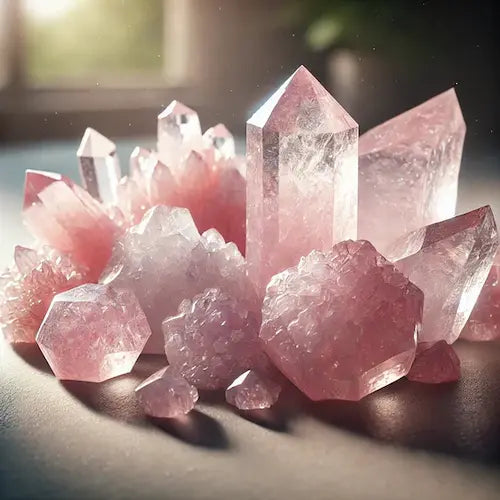 Rose Quartz Crystal Collection featuring various shapes and sizes with a soft pink hue.